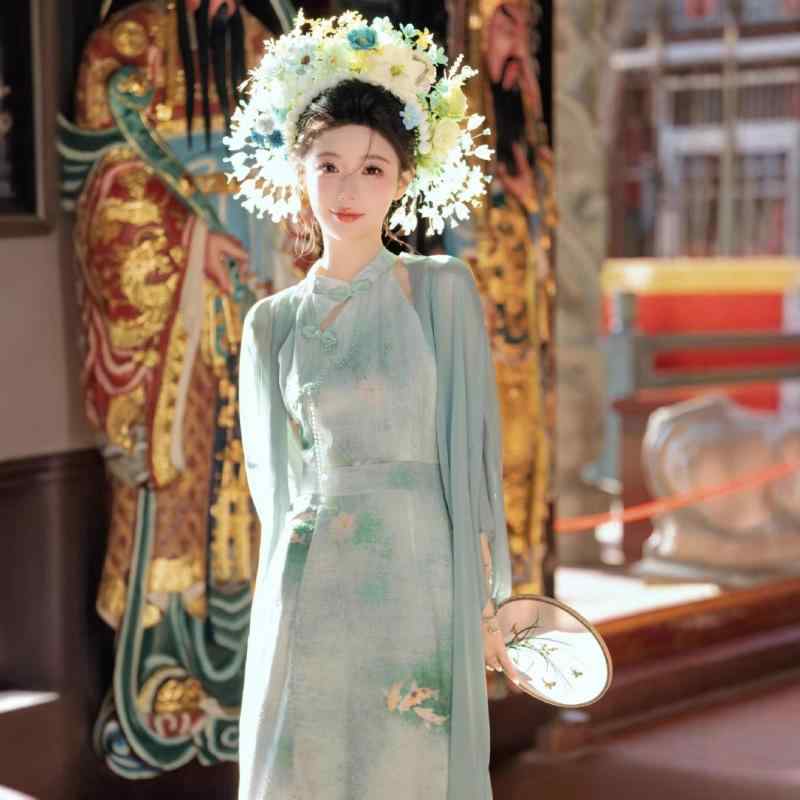 チャイナドレス レディース マタニティ 水墨画風 レトロモダン フォト撮影用 アウター セットアップ ロ..