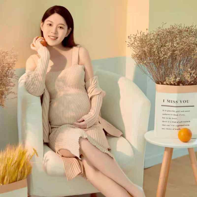 マタニティワンピース レディース マタニティフォト撮影用 エレガント カーキ ニット キャミソールワン..