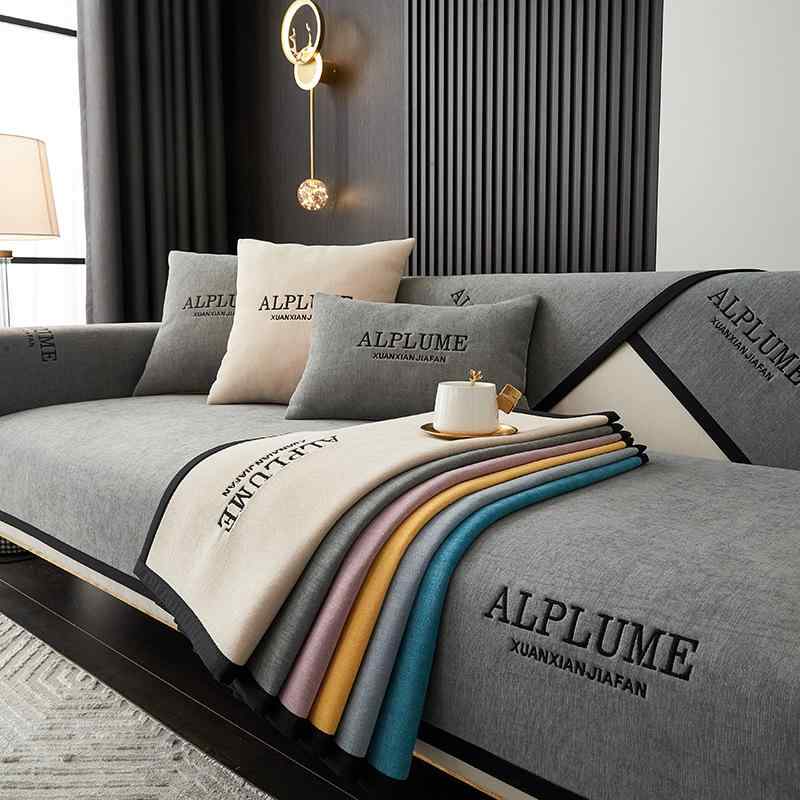 ソファカバー オールシーズン シェニール織り 無地ベース 英字刺繍 モダン シンプル 滑り止め付き ソフ..