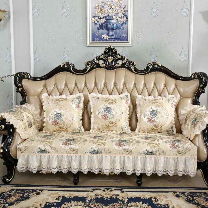 ソファカバー ソファパッド クッション 座面カバー ヨーロピアン フレンチ アメリカン レトロ アンティーク レース装飾 布製 ファブリック 四季通用 オールシーズン ライトラグジュアリー 高級感 リビング インテリア 模様替え ゴールド ブルー 保護