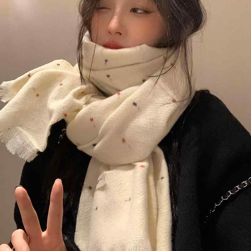 マフラー レディース 秋冬 レインボー ドット柄 個性的 おしゃれ フェイク フェイクウール ストール ショール 2WAY 大判 ロング丈 フリンジ 防寒 保温 通勤 デイリー アイボリー ブラック