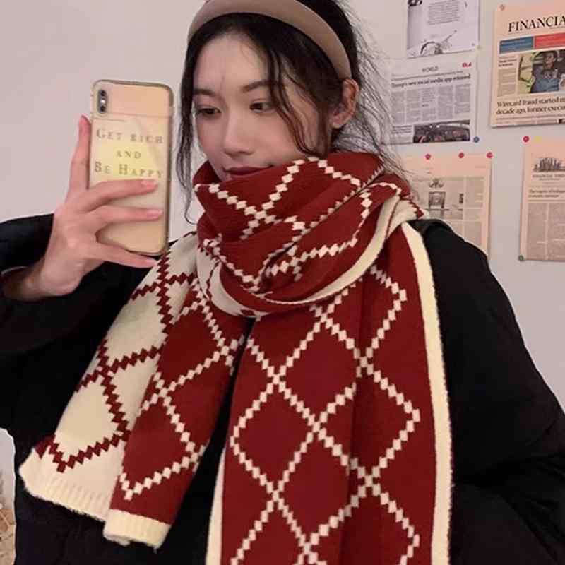 マフラー レディース 秋冬 両面 高級感 防寒 保温 フェイク タッチ ひし形 チェック柄 ストール ショー..