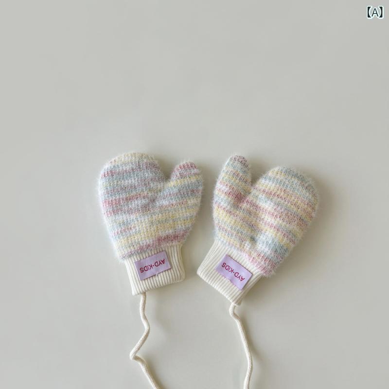 手袋 ベビー キッズ 子供 男の子 女の子 1-4歳 冬用 裏起毛 ニット 首かけ ネックストラップ付き ミトン 保温 防寒 暖かい 厚手 グローブ ベージュ アイボリー 通園 お出かけ 2
