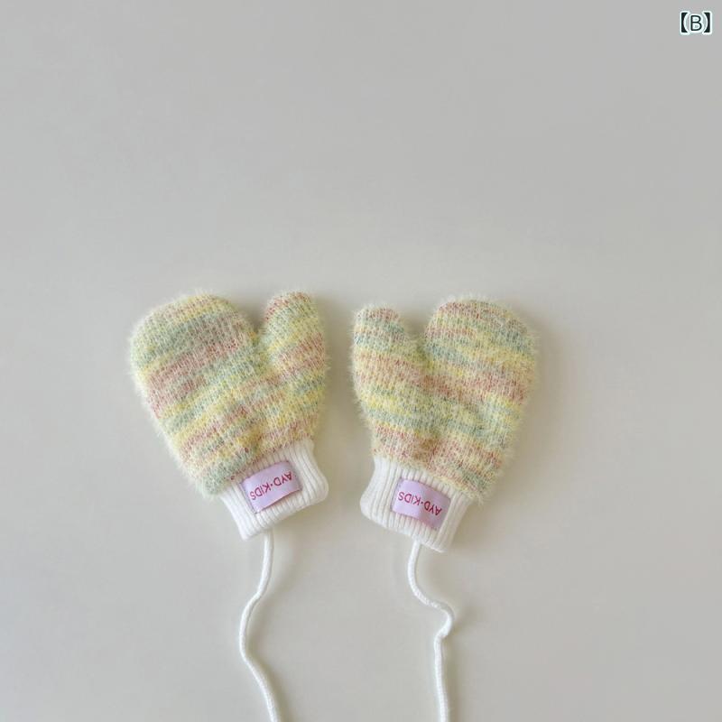 手袋 ベビー キッズ 子供 男の子 女の子 1-4歳 冬用 裏起毛 ニット 首かけ ネックストラップ付き ミトン 保温 防寒 暖かい 厚手 グローブ ベージュ アイボリー 通園 お出かけ 3
