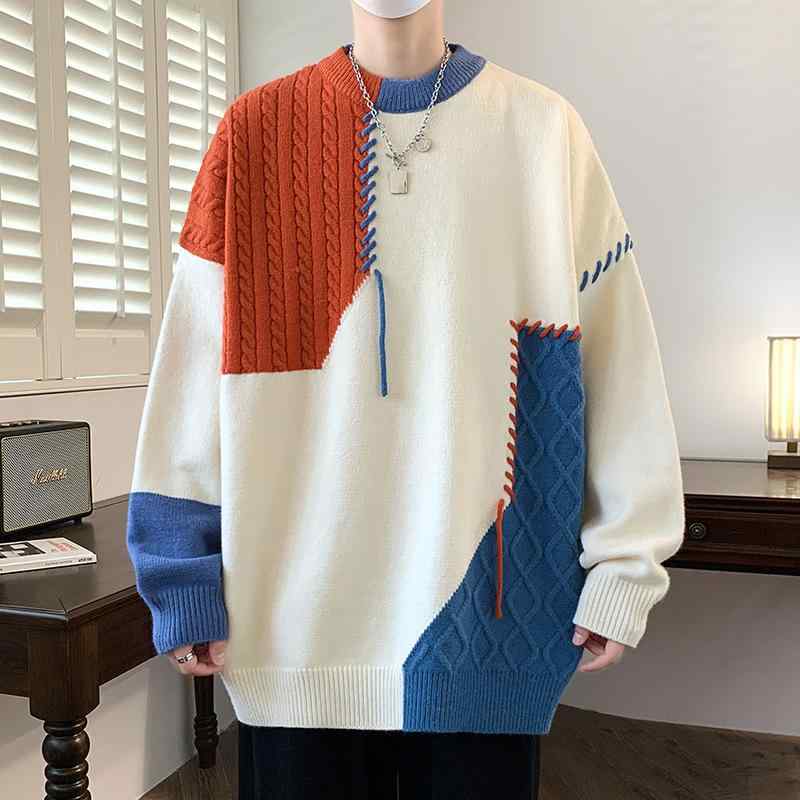 ニットセーター メンズ 配色切り替え クルーネック ゆったり オーバーサイズ ビッグシルエット 厚手 ウォッシャブル アクリル混 秋冬 トレンド カジュアル ユニセックス デイリーユース
