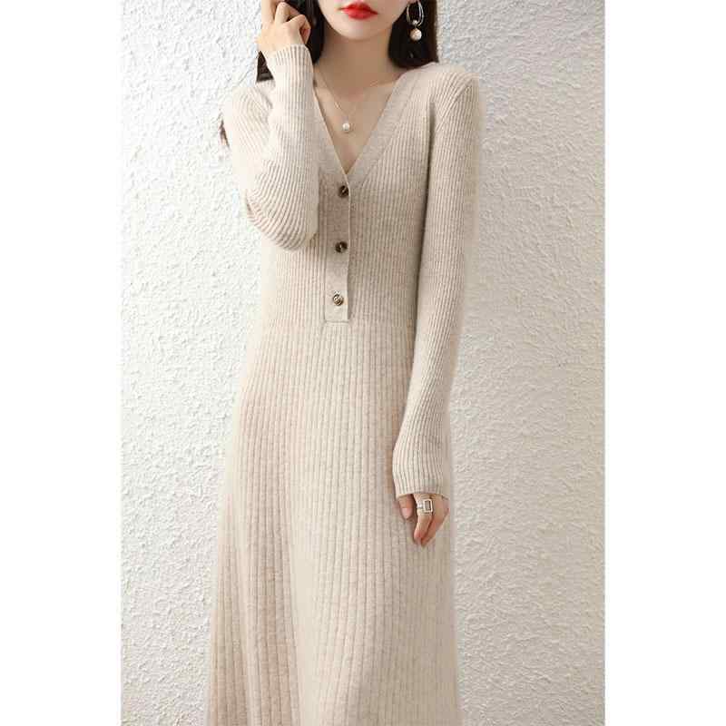 ニットワンピース レディース Vネック ウール リブ 膝下丈 ミディ丈 Aライン プルオーバー 長袖 タイト..