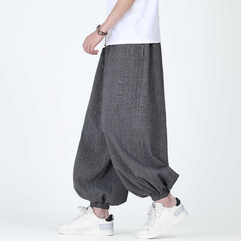 カジュアルパンツ メンズ ビッグサイズ ゆったり ワイドパンツ クロップド丈 七分丈 綿麻素材 薄手 軽量 中国風 チェック柄 ドローストリング ウエストゴム 微ストレッチ ノーアイロン しわになりにくい 普段使い リゾート 春夏秋