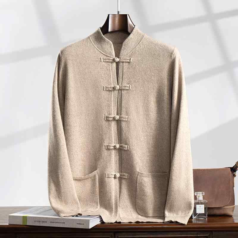 カーディガン メンズ 男性用 秋冬 純 スタンドカラー レトロ クラシック 厚手 肉厚 保温性 暖かい チャイナボタン カジュアル 普段使い ビジネス 通勤 紳士 ミドルエイジ ニットアウター 羽織り(4)