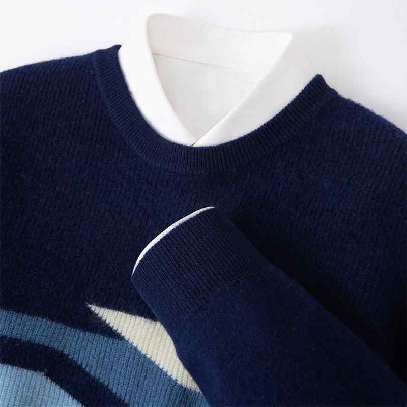 セーター メンズ ウール 厚手 ジャガード織り 切り替え配色 クルーネック 丸首 ニット プルオーバー 長袖 ゆったり ルーズフィット カジュアル トップス 普段使い デイリーユース 秋冬