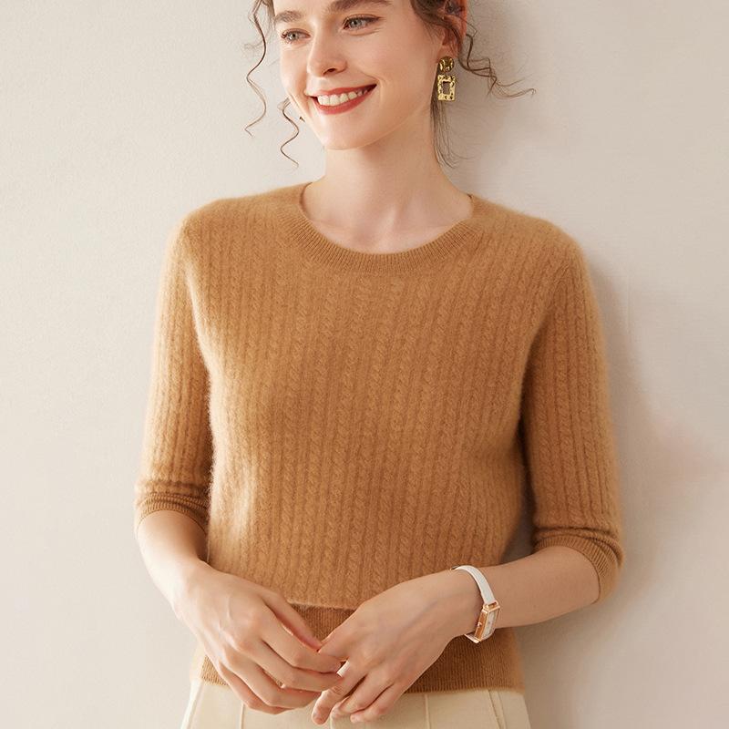 ニット レディース セーター クルーネック ケーブル編み ブレンド 七分袖 ゆったり トップス カットソー インナー プルオーバー 柔らかい ソフトな肌触り 着...