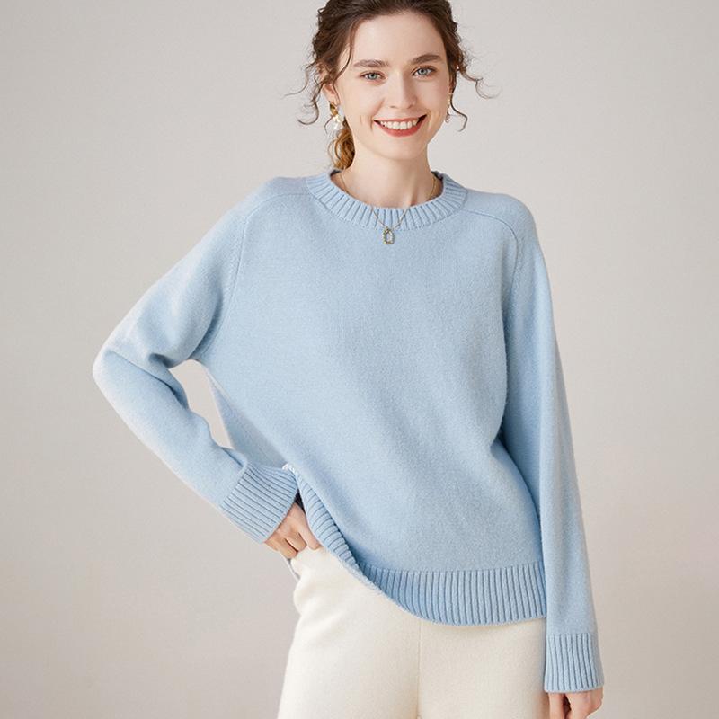 ニット レディース 秋冬 長袖 ラウンドネック 丸首 ウール ブレンド 無地 厚手 ゆったり 細見え 体型カバー 通勤 オフィス デイリー トップス プルオーバ...