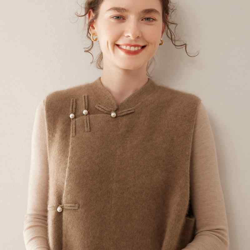 ベスト レディース 秋冬 混 ニット ノースリーブ Vネック チャイナボタン リブ編み ゆったり レイヤード 無地 ミドル丈 カジュアル フリーサイズ