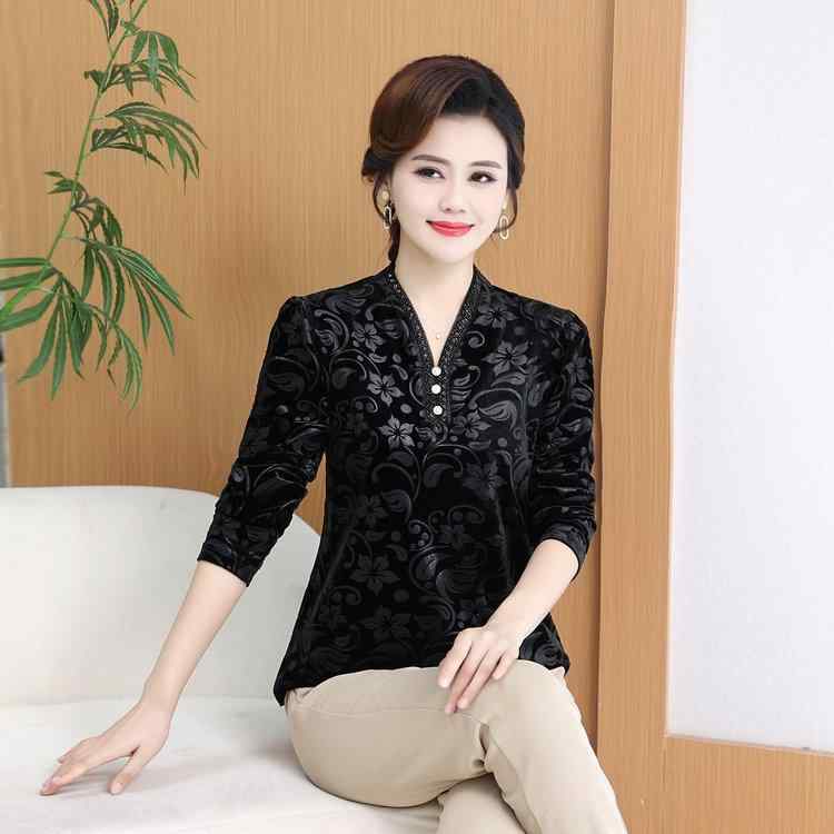 Tシャツ レディース ベロア 長袖 Vネック 細見え スリム 上品 エレガント 通勤 オフィスカジュアル ママコーデ 若見え トップス カットソー ブラック 春秋