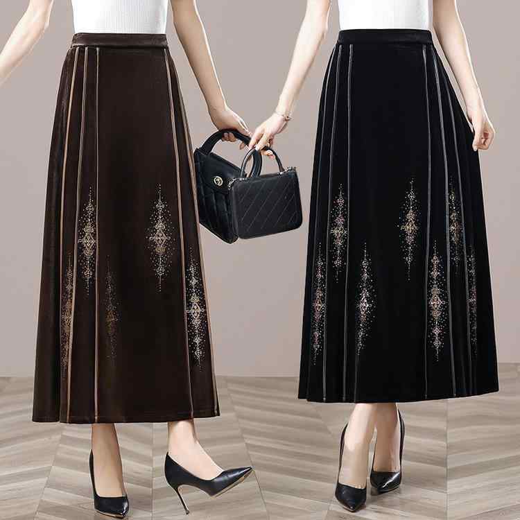 スカート レディース 中国風 刺繍 レトロ エレガント 上品 ファッション ベロア ベルベット 馬面スカート ミモレ丈 ミディ丈 秋冬 Aライン 伸縮性 通勤 オフィス ブラック モカ(4)