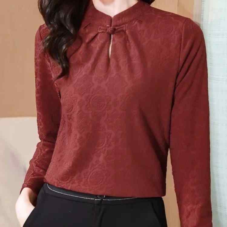 トップス レディース チャイナ風 飾りボタン ジャガード織り 長袖 プルオーバー スタンドカラー ゆった..