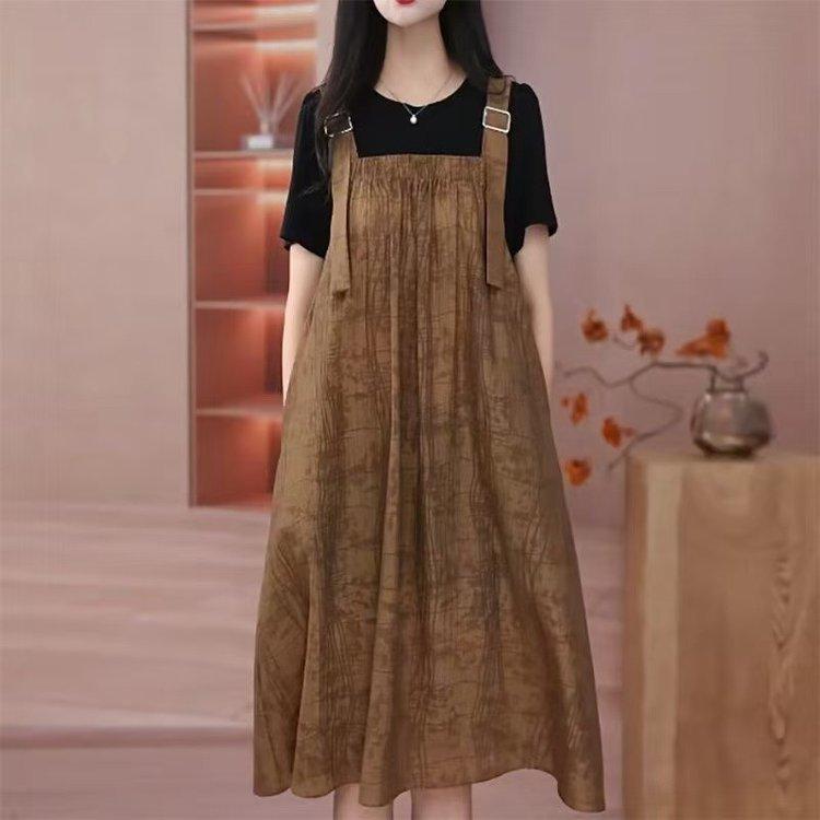 ワンピース レディース ドッキング 半袖 ミディ丈 Aライン ハイウエスト ラウンドネック ゆったり 体型カバー 春夏 きれいめ 通勤 若見え ファッション ブラウン