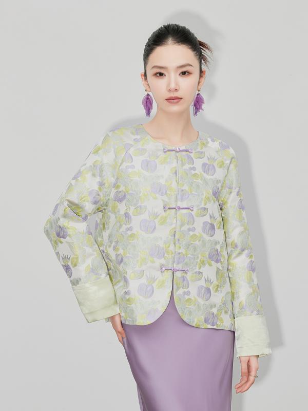 ブラウス レディース ネオチャイナ風 エレガント 上品 秋 チューリップ 花柄 錦織 ジャカード ノースリーブ ラウンドネック ポリエステル レトロ