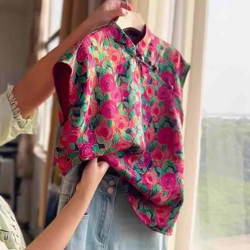 ブラウス レディース 中国風 レトロ 油絵風プリント 上品 エレガント スタンドカラー 斜めボタン チャ..