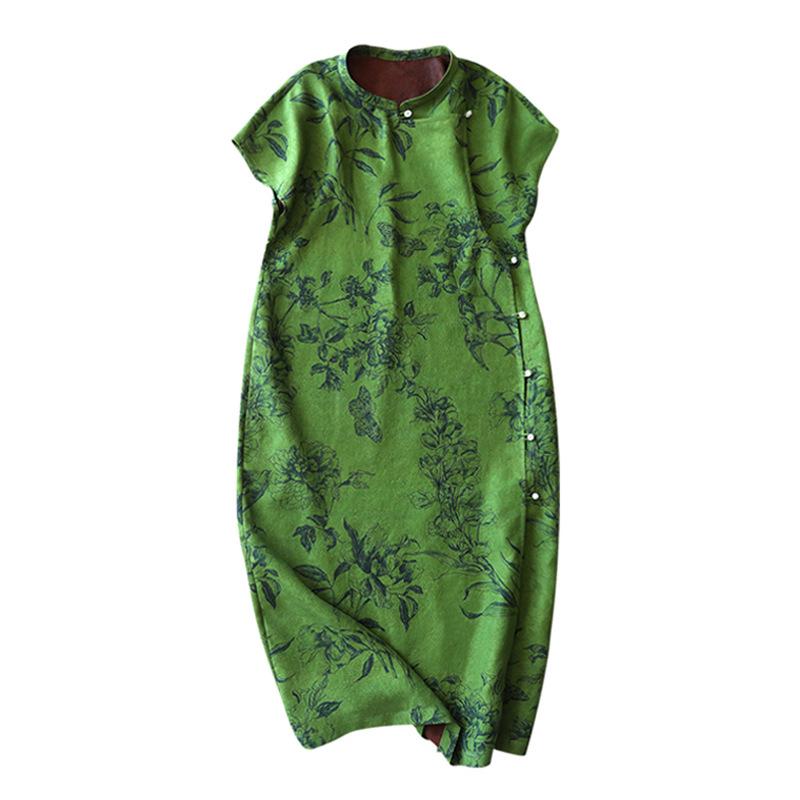 ワンピース レディース 女性用 チャイナ風 チャイナドレス スタンドカラー プチハイネック ロング マキシ丈 ポリエステル グリーン 緑 上品 エレガント レトロ 春夏