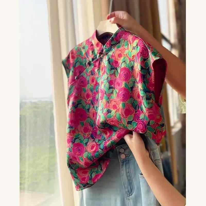 シャツ レディース 夏 新チャイナスタイル 中国風 レトロ 油絵風プリント 花柄 半袖 スタンドカラー 立..
