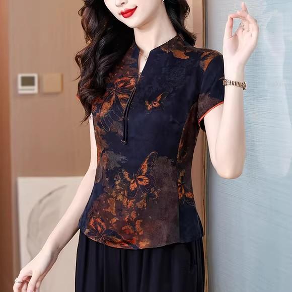 トップス レディース ミセス 半袖 ブラウス シャツ 中国風 レトロモダン プリント柄 桑蚕 絹 高級感 上品 エレガント スタンドカラー ゆったり 普段使い 春夏 グリーン ブルー