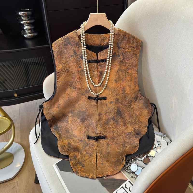 ベスト レディース 春秋 チャイナ風 レトロ アンティーク調 ジャガード織り 盤扣 丸首 前開き ポリエステル素材 着回し おしゃれ 羽織り トップス ジレ グリーン