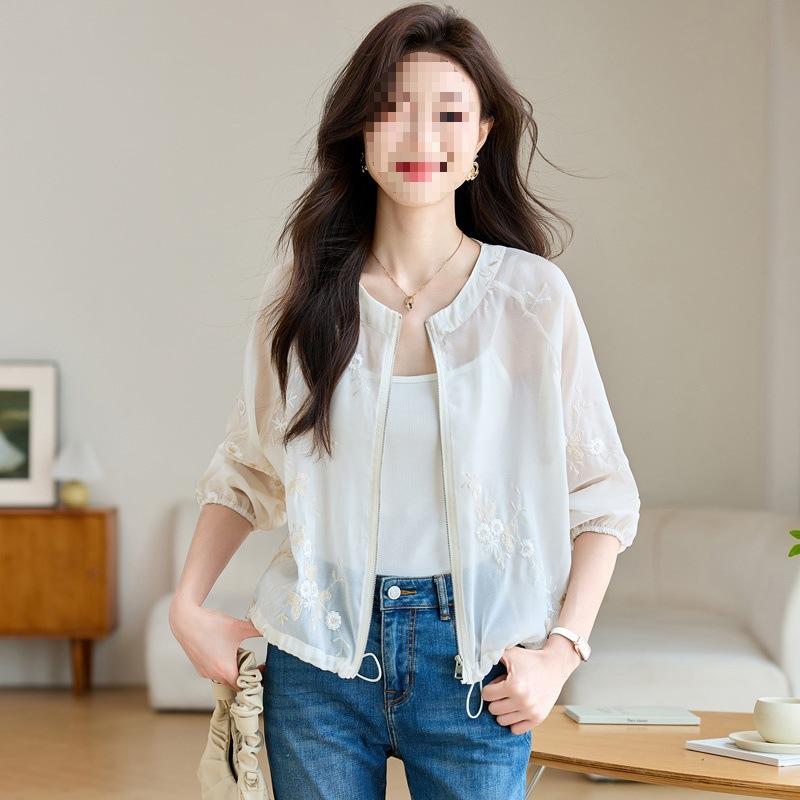 カーディガン レディース シフォン 羽織り 春夏 薄手 軽量 ショート丈 UV対策 日焼け対策 速乾 吸水速乾 ルーズフィット ゆったり ラウンドネック オフホワイト 通勤 デイリーユース アウター