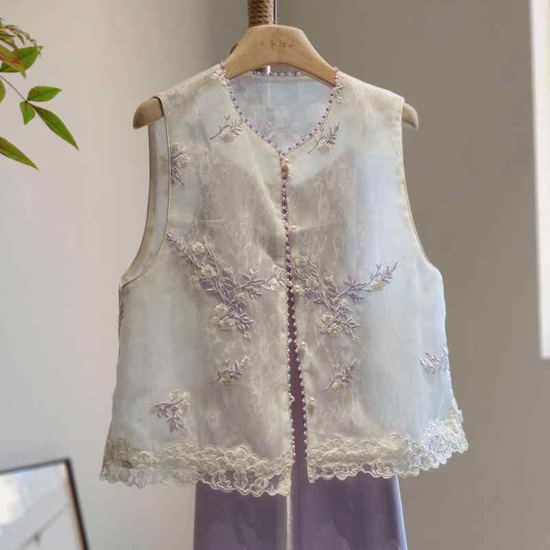 ベスト レディース オーガンジー レース 刺繍 薄手 新チャイナスタイル 羽織り ノースリーブ トップス 通勤 オフィス 上品 エレガント ..