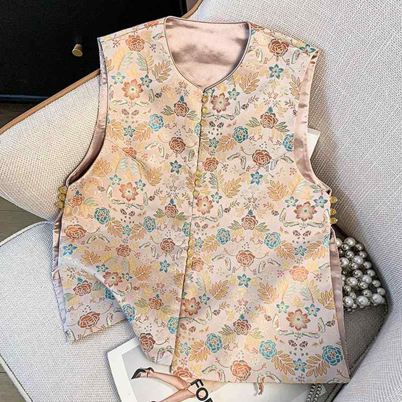 ベスト レディース ジレ トップス チャイナ風 中華風 レトロ アンティーク Vネック チャイナボタン ジャガード織り サテン 凝った刺繍 エレガント 上品 高級感 光沢感 ポリエステル お出かけ 通勤 オフィス フォーマル 春夏 羽織り