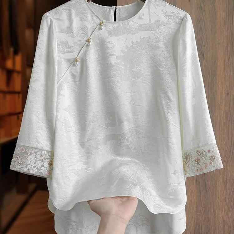 ブラウス レディース チャイナボタン ジャカード織り 七分袖 刺繍 軽やかなネオチャイナ風 ラウンドネック 上品 エレガント ポリエステル 軽量 吸湿速乾 春夏