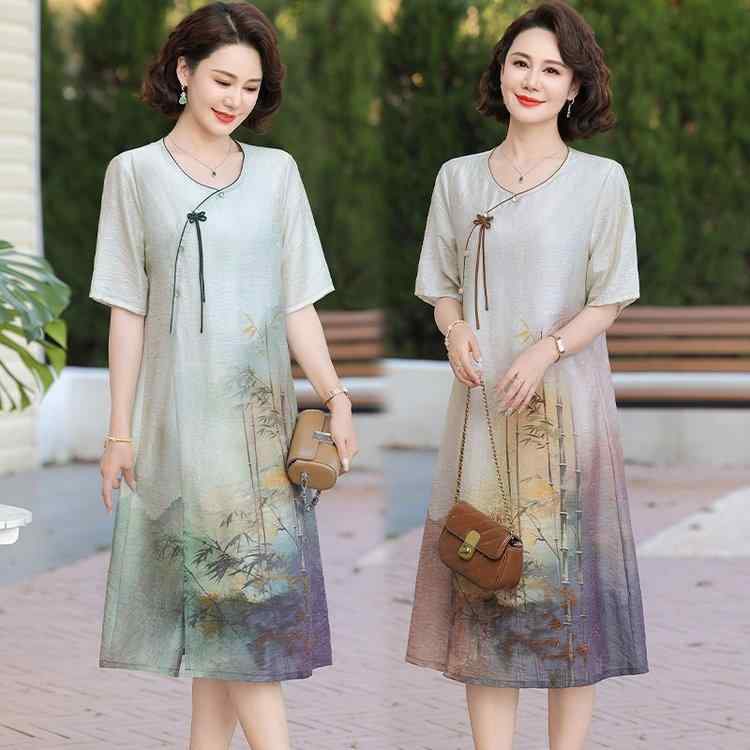 ワンピース レディース ミセス マダム ネオチャイニーズスタイル 上品 シフォン ロング丈 マキシ丈 七分袖 Aライン ポロ襟 薄手 軽量 体型カバー 春夏 サマー 涼しい 快適