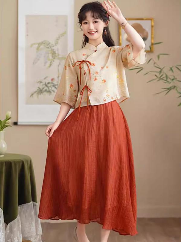 セットアップ レディース ネオチャイナ レトロ 柿柄 吉祥文様 チャイナトップス 禅茶服 中国風 エスニ..