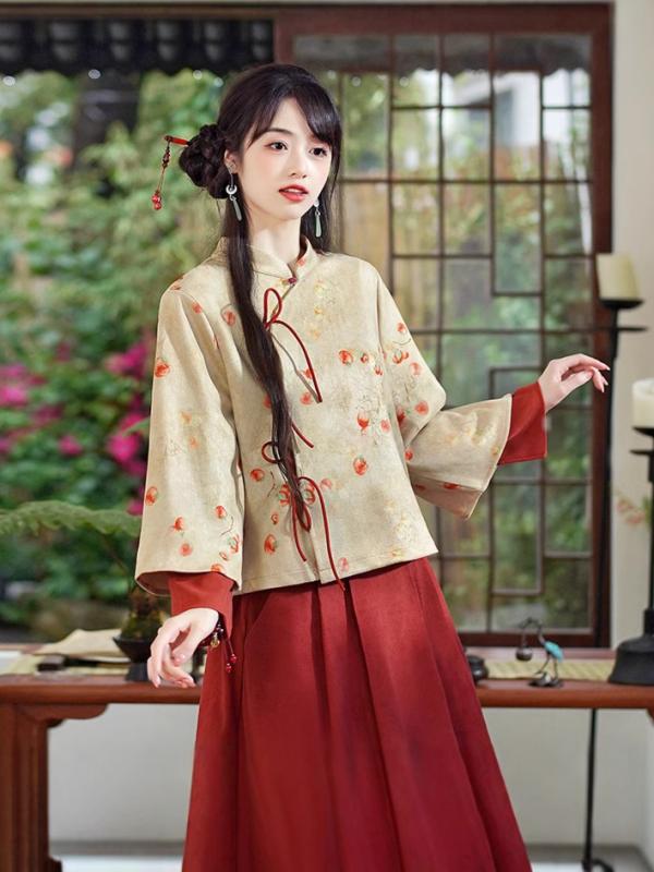 セットアップ レディース 秋冬 レトロ 柿柄 刺繍 鹿革調スエード フェイクスエード 唐装 漢服 茶道服 ..