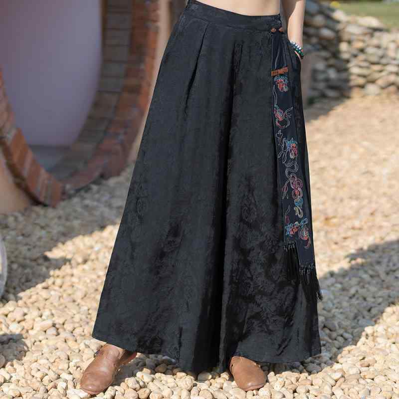 カジュアルパンツ レディース 春夏 民族風 エスニック レトロ 刺繍 テンセル リヨセル繊維 ハイウエスト ワイド ストレート サルエル ゆったり ロング丈 普段使い リラックスウェア