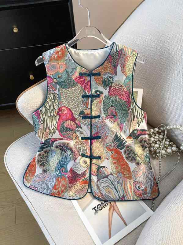 ベスト レディース 春秋 新チャイナ風 民族調 エスニック レトロ ポリエステル素材 凝った刺繍 Vネック チャイナボタン ジャカード ブロケード 金襴織り ショート丈 総柄 アニマル柄 トップス