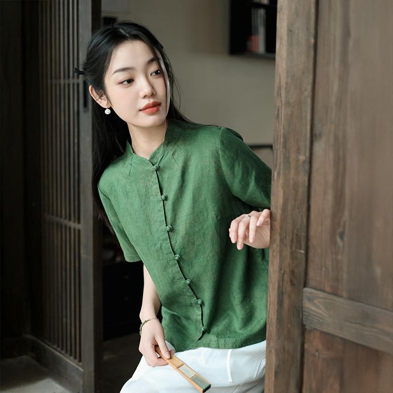 シャツ レディース 麻 リネン スタンドカラー 立ち襟 半袖 印花 抽象柄 総柄 新チャイナ レトロ ヴィン..