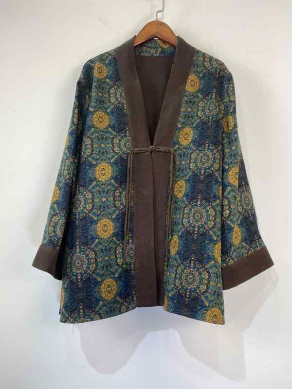 カーディガン レディース 桑蚕 チャイナ風 オイルペイント 配色切り替え ショート丈 長袖 チャイナボタ..