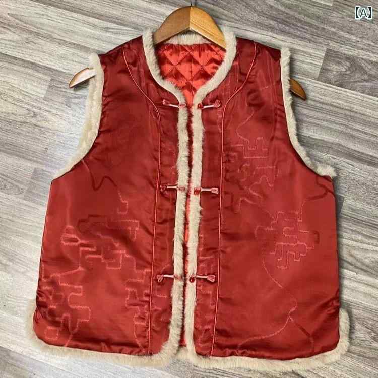 ベスト レディース 秋冬 お祝い事 レッド チャイナ風 キルティング 中綿 厚手 暖かい ジャガード 花柄 レトロ クラシック ゆったり 前開き 丸首 ポリエステル ジレ お出かけ