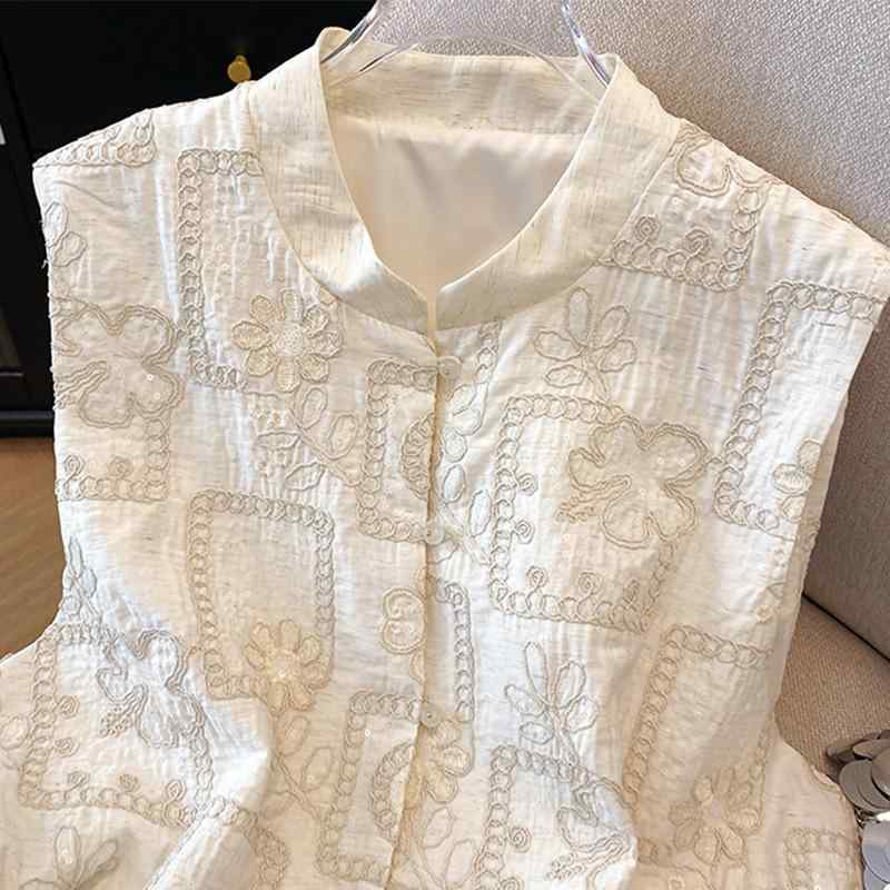 ベスト レディース チャイナ風 凝った刺繍 トップス 組み紐ボタン レトロ スタンドカラー ノースリーブ..
