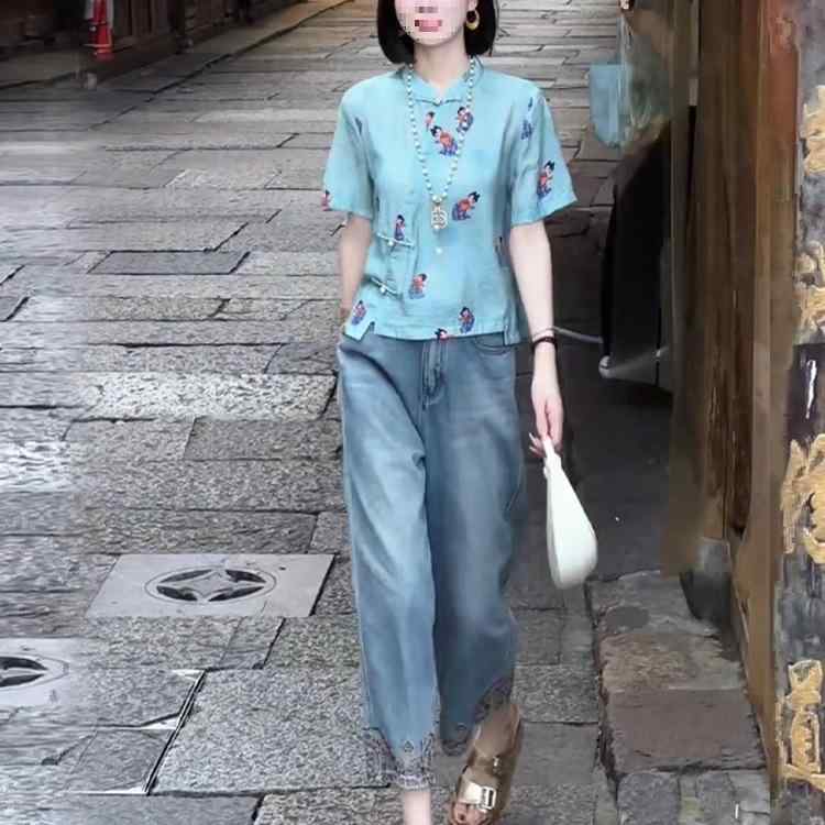 ブラウス レディース ネオチャイニーズスタイル 半袖 春夏 スタンドカラー プリント柄 ゆったり オーバーサイズ 上品 エレガント 高級感 ポリエステル素材 通勤 オフィス カジュアル ブルー