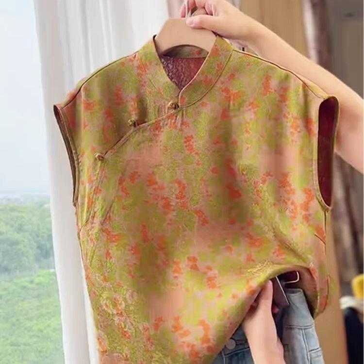 ブラウス レディース ネオチャイニーズスタイル チャイナドレス風 モダン 半袖 スタンドカラー 高級感 花柄 春夏 通勤 オフィス エレガント きれいめ ストレートシルエット