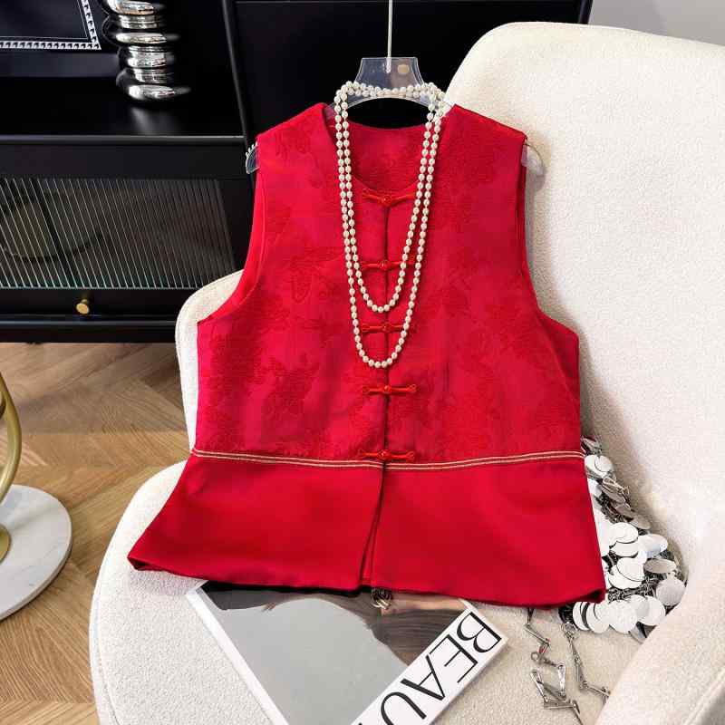 ベスト レディース 女性 ママ 中華風 刺繍 唐装 ジレ 赤 レッド 花柄 植物柄 エレガント 上品 ポリエステル ラウンドネック オフィス カジュアル アウター