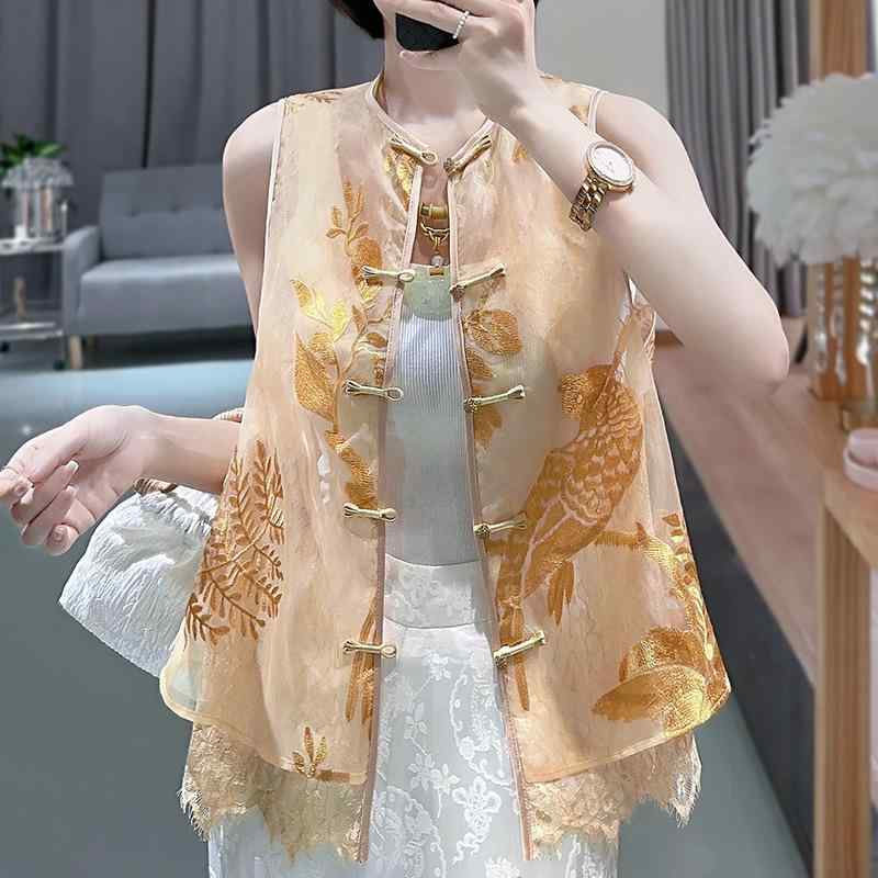 ベスト レディース 桑蚕 オーガンジー 新チャイナ風 レトロ ノースリーブ 凝った刺繍 アニマル柄 レース 丸首 前開き ゆったり 羽織り 重ね着 春夏 オレンジ