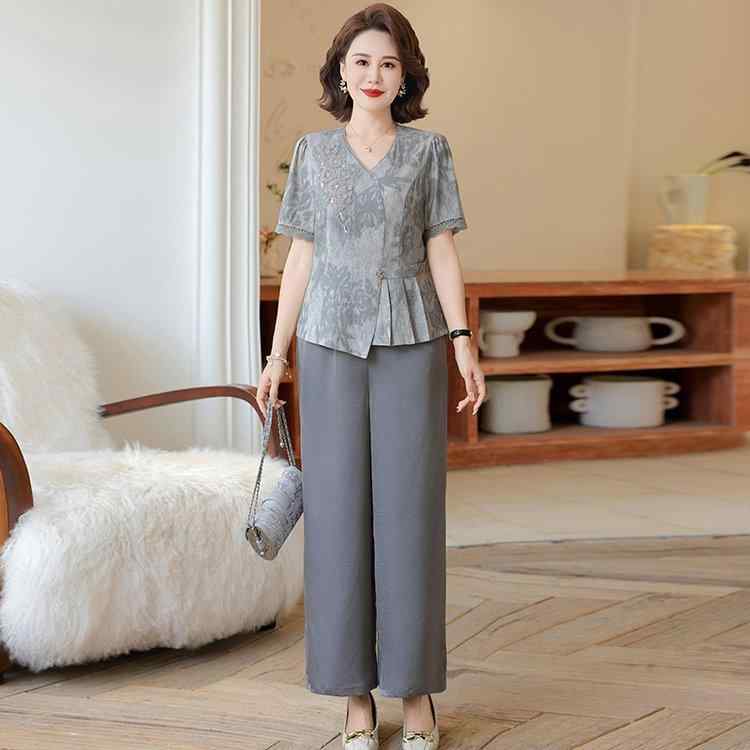 セットアップ レディース ミセス 中高年女性 半袖トップス Tシャツ 2点セット スポーツウェア カジュアルウェア おしゃれ 上品 雪ニール調 伸縮性 吸汗速乾 春夏 グレー