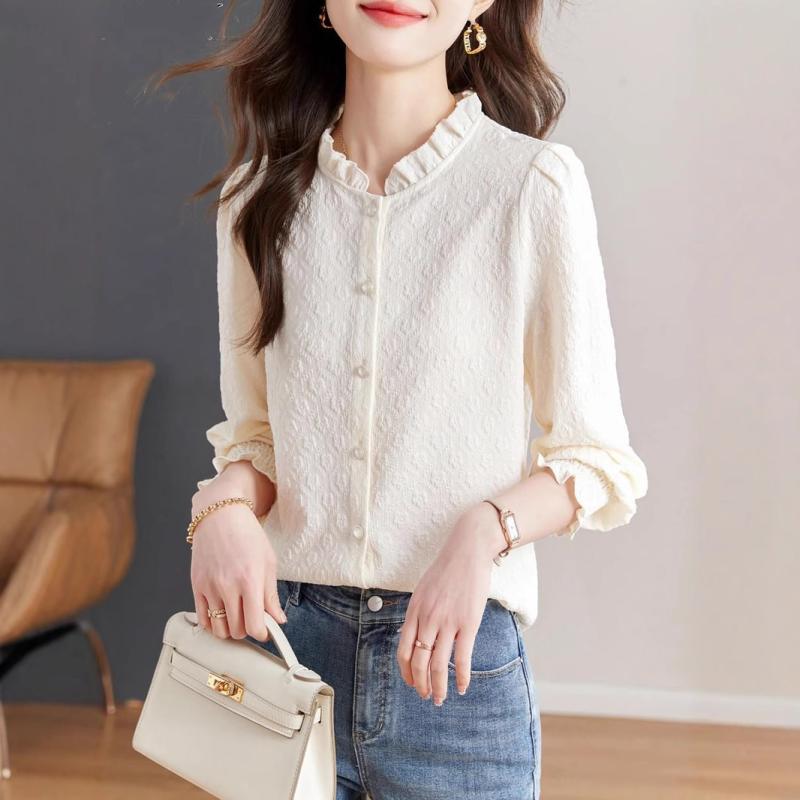 ブラウス レディース 春夏 シフォン 小花柄 フレンチ エレガント 長袖 フレアスリーブ 木耳フリル スタンドカラー 着痩せ効果 上品 薄手 通勤