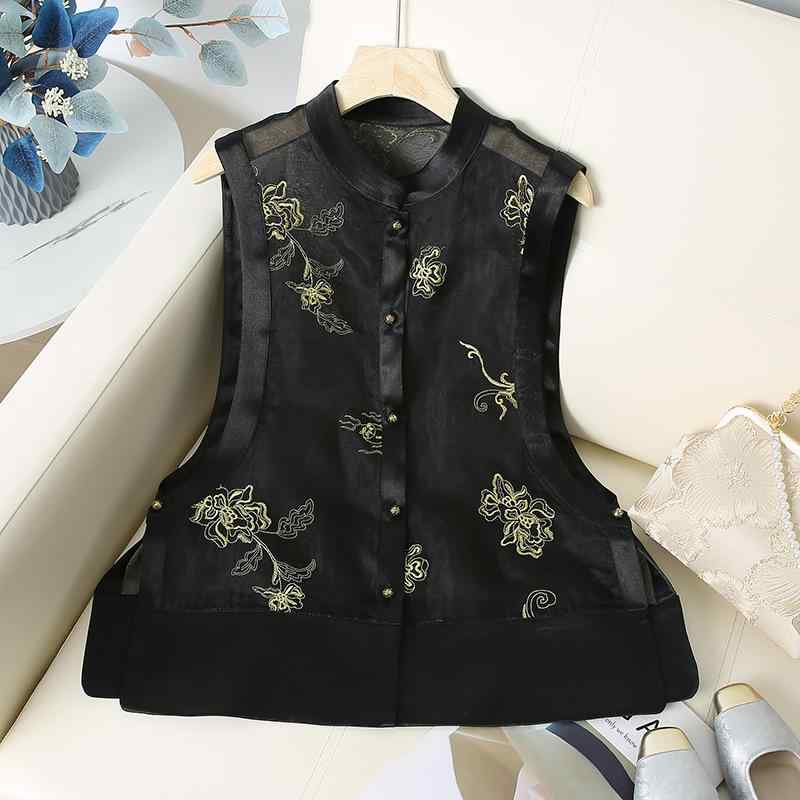 ベスト レディース 春夏 ネオチャイニーズ 金糸刺繍 手の込んだ レトロ エレガント ラウンドネック 前開き ゆったり 中華風 トップス ジレ ブラック ポリエステル