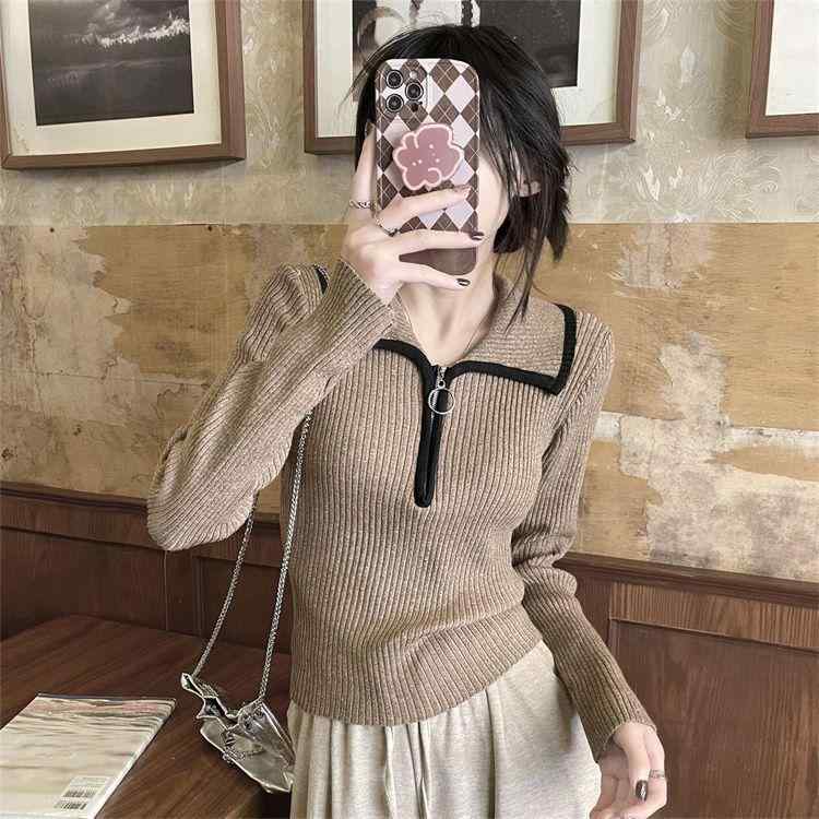 ニット レディース レトロ クラシック フェミニン ポロ襟 ファスナー 長袖 スリムフィット 細見え 着痩せ ショート丈 レーヨン 中厚 秋冬 プルオーバー セーター トップス グレー ベージュ カーキ