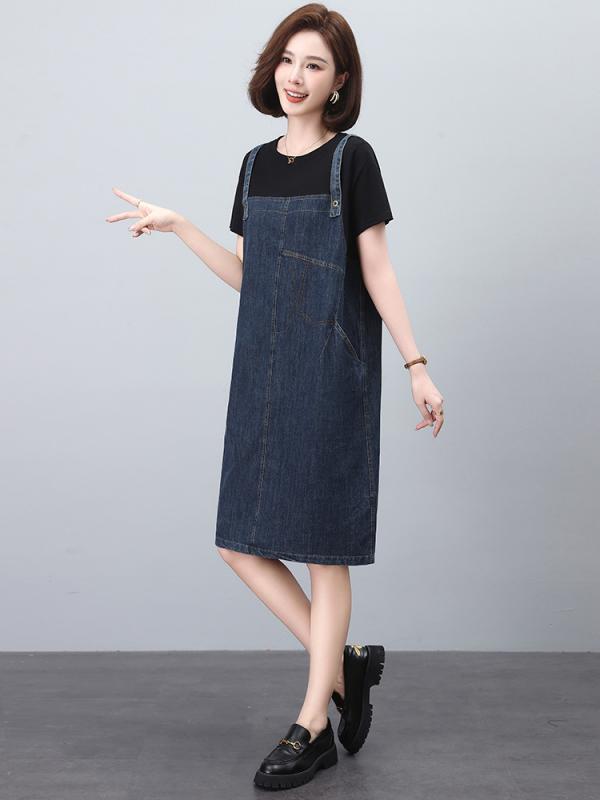 ワンピース レディース デニム サロペットワンピース ジャンパースカート フェイクレイヤード 重ね着風 切り替え バイカラー ゆったり Aライン ミモレ丈 クルーネック ハイウエスト ポケット付き コットン ポリエステル カジュアル おしゃれ 春夏