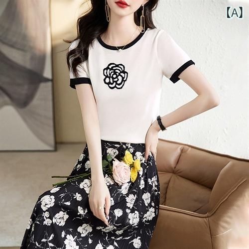 レディース セットアップ 上品 きれいめ 接触冷感 半袖 Tシャツ 花柄 カメリアモチーフ ミディ丈スカート 体型カバー 通勤 オフィス お出かけ ツーピース アンサンブル ポリエステル オフホワイト ブラック 春夏