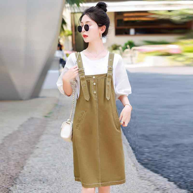 セットアップ レディース ジャンパースカート サロペットスカート ツーピース カジュアル 上品 エレガント 着痩せ 体型カバー 低身長向け 春夏 綿 コットン 五分袖 普段使い ブラック カーキ